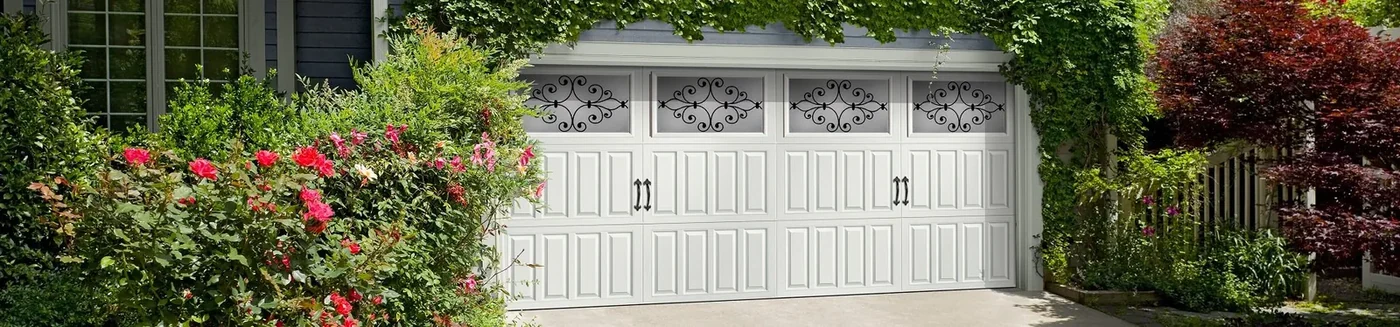 Double garage door with window panels